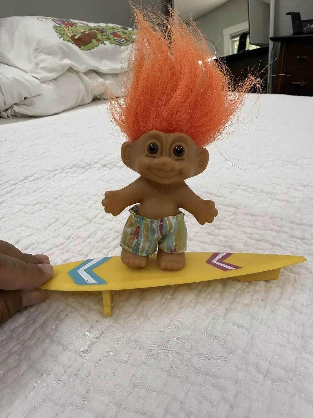 Vintage RUSS Lucky Troll Doll Surfer with Trunk and Surf Board Orange Hair